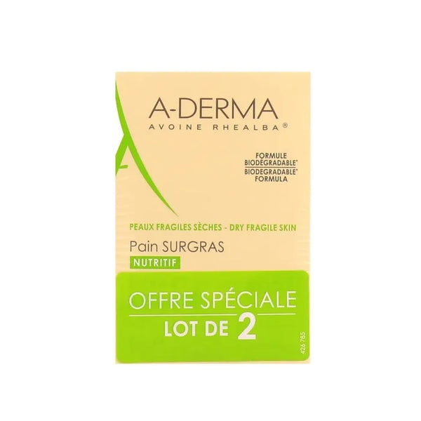 A-DERMA LES INDISPENSABLES - Pain Surgras Nutritif - Visage et Corps - Peaux Sèches, 2x100g
