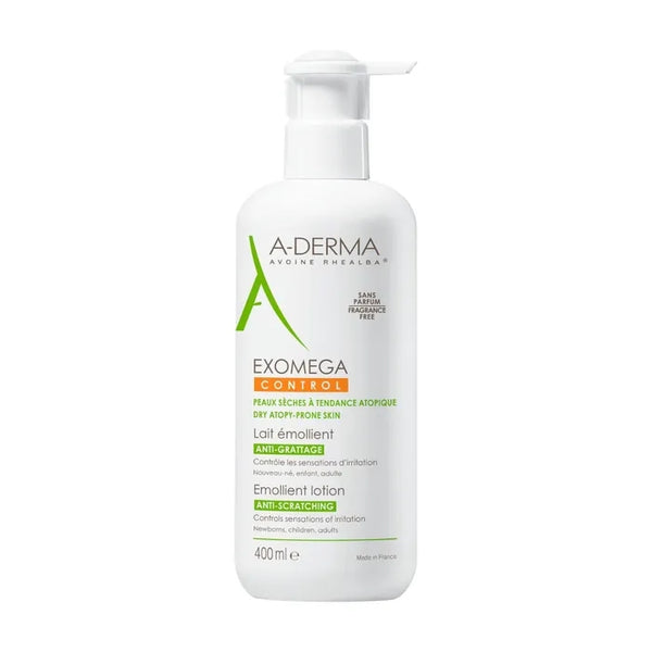 A-DERMA EXOMEGA CONTROL - Lait Émollient Anti-Grattage - Visage et Corps - Peaux Sèches à Tendance Atopique, 400ml