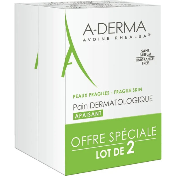 A-DERMA LES INDISPENSABLES - Pain Dermatologique Apaisant - Visage et Corps - Peaux Fragiles, 2x100g
