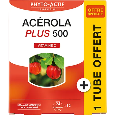 PHYTO-ACTIF Acérola Plus 500 Vitamine C, 24 Comprimés + 1 Tube de 12 Comprimés Offert