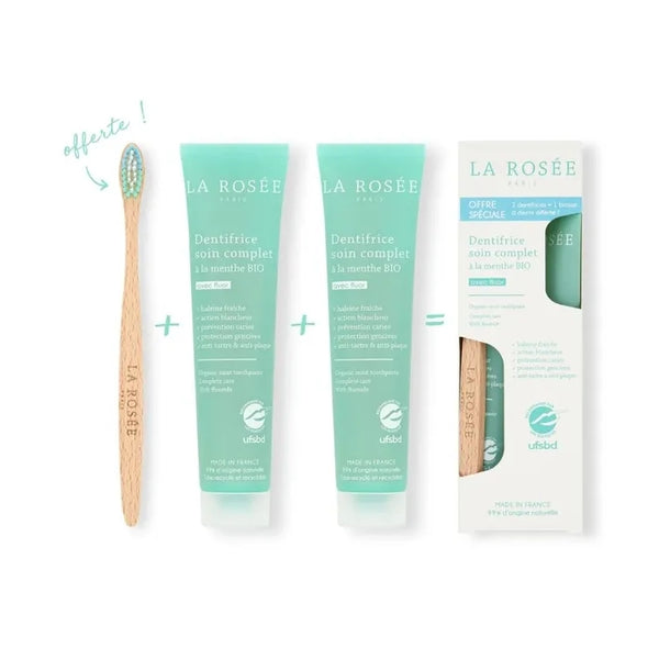 LA ROSÉE Dentifrice Soin Complet à la Menthe Bio 2x75 ml + 1 Brosse à Dents Offerte