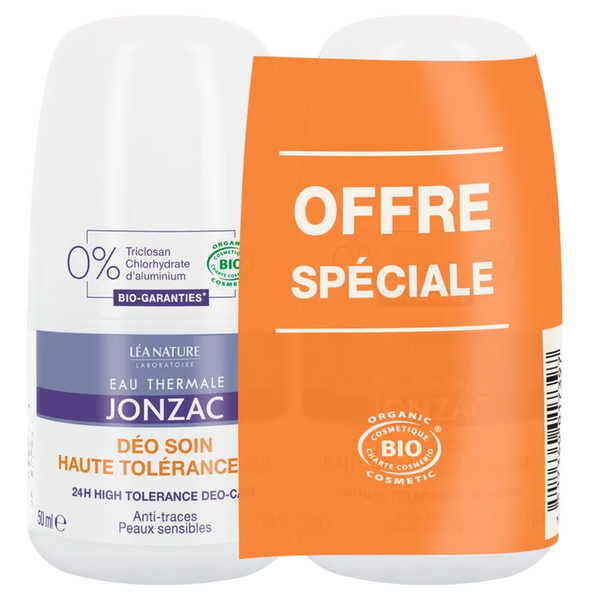 EAU THERMALE JONZAC DÉODORANT - Déo Soin Roll-On Haute Tolérance 24H Anti-Trace Bio - Peaux Sensibles, 2x50ml