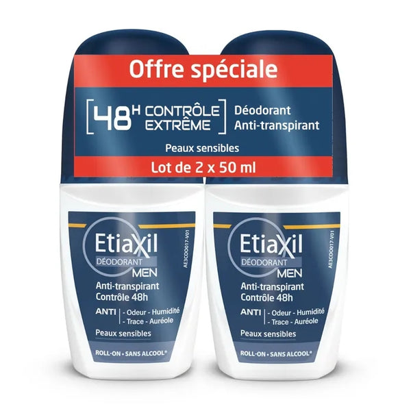 ETIAXIL Déodorant Roll-On Men - Anti-Transpirant Contrôle 48H, 2x50ml