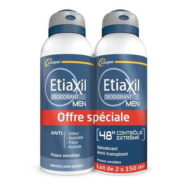 ETIAXIL MEN - Déodorant 48H Contrôle Extrême Spray - Peaux Sensible, 2x150ml