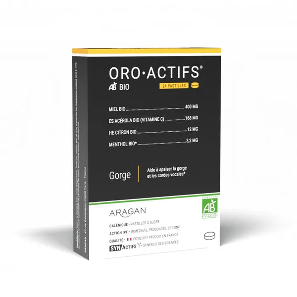 ARAGAN SYNACTIFS - OROACTIFS® BIO Pastilles - Maux de gorge, 24 pastilles