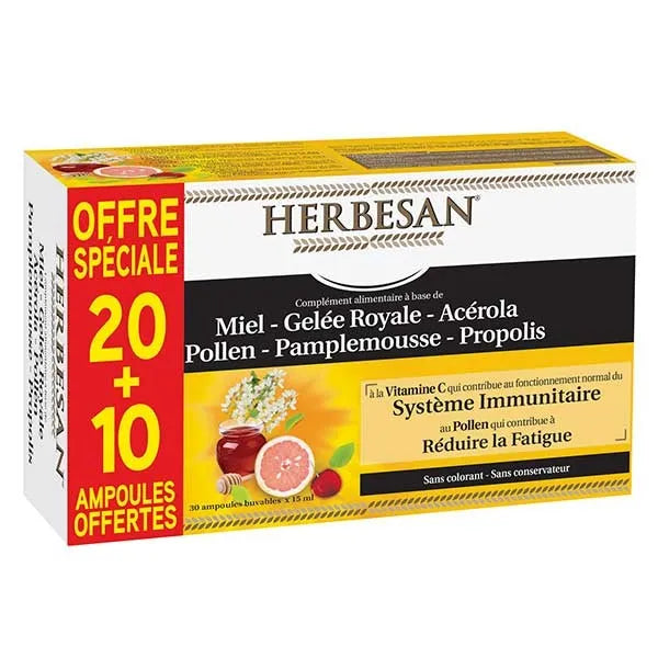 HERBESAN Miel, Gelée Royale, Acerola, Pollen, Pamplemousse, Propolis, 20 ampoules de 15ml