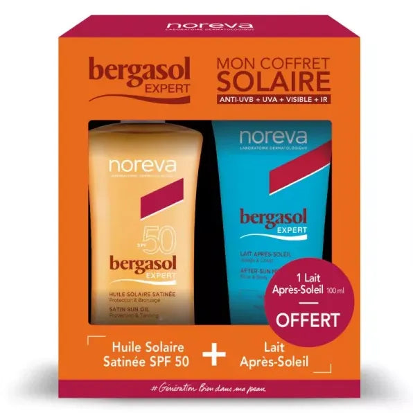 NOREVA BERGASOL EXPERT- Coffret Huile Solaire Satinée SPF50 150ml + Lait Après-Soleil 100ml Offert