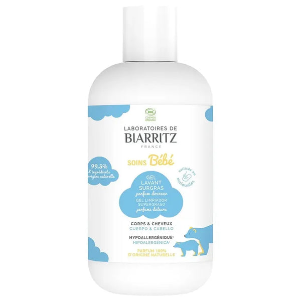 LABORATOIRES DE BIARRITZ SOIN BÉBÉ - Gel Lavant Surgras Parfum Douceur Bio - Corps et Cheveux - Peaux Fragiles, 200ml