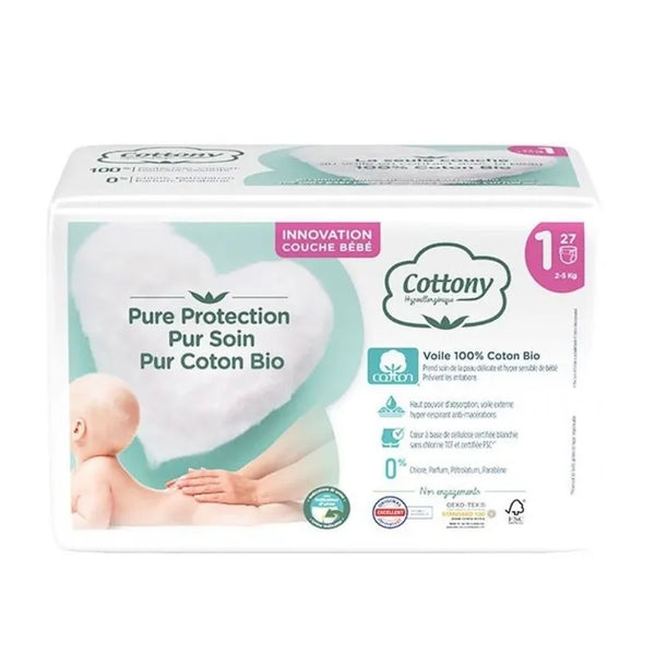 COTTONY Couches Hypoallergéniques en Coton Bio - Taille 1 - Paquet de 27 Couches