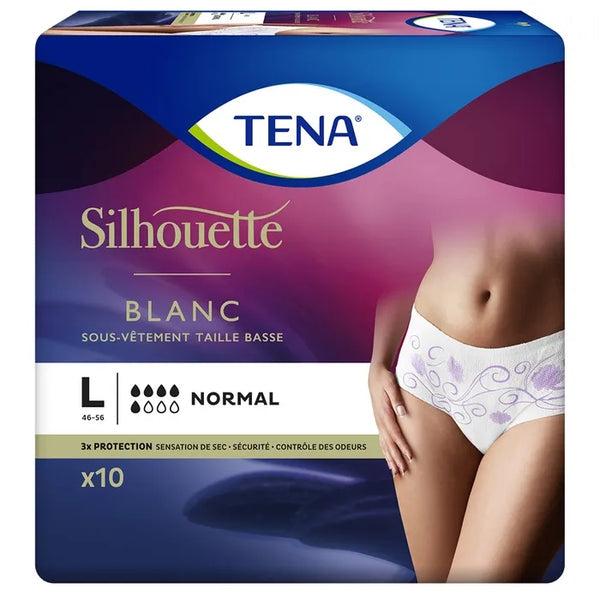 TENA SILHOUETTE - Protection Absorbante Taille Basse Normal Blanc - Taille L, 10 unités