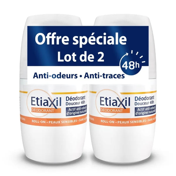 ETIAXIL Déodorant Douceur 48h Actif Anti-Odeurs - Peaux Sensibles, 2x50ml
