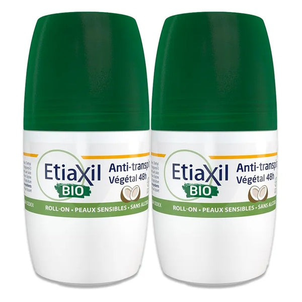 ETIAXIL Déodorant Anti-Transpirant Végétal 48H Parfum Coco Roll-On Bio - Peaux Sensibles, 2x50ml