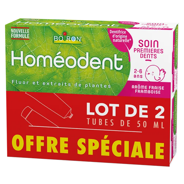 BOIRON HOMEODENT - Dentifrice Soin Premières Dents 2-6 ans Fraise-Framboise, 2x50ml