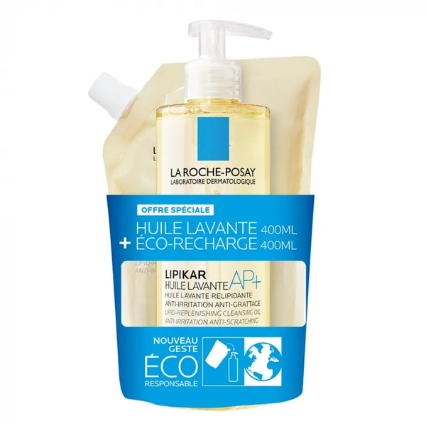 LA ROCHE-POSAY LIPIKAR AP+ - Huile Lavante Peaux Tendance Eczema Atopique, 400ml + Eco Recharge 400ml
