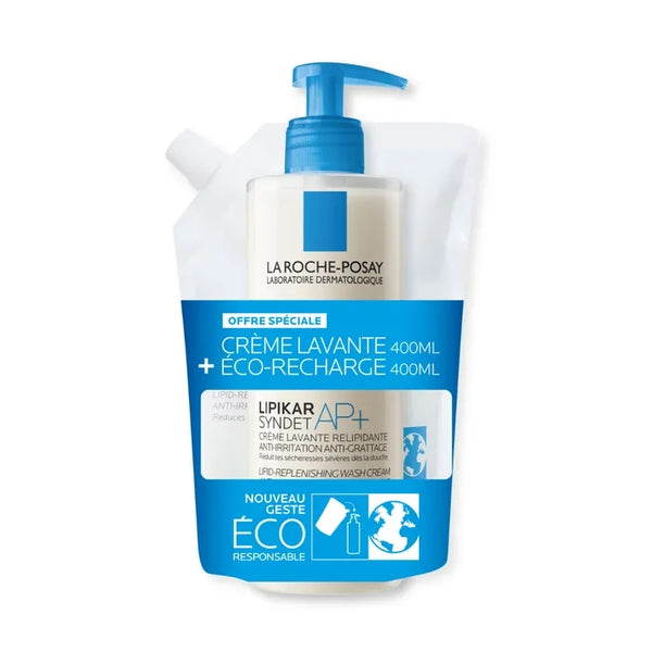 LA ROCHE-POSAY LIPIKAR SYNDET AP+ - Crème Lavante Relipidante Peaux Tendance Eczema Atopique 400ml + Eco Recharge 400ml