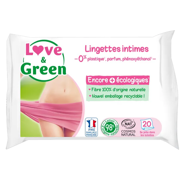 LOVE & GREEN Lingettes Intimes Apaisantes Ecologiques, 20 Unités