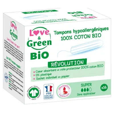 LOVE & GREEN Tampons Hypoallergéniques 100% Coton Bio sans Applicateur - Super, 16 Unités