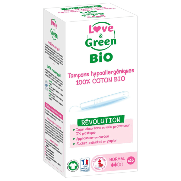 LOVE & GREEN Tampons Hypoallergéniques 100% Coton Bio avec Applicateur - Normal, 16 Unités