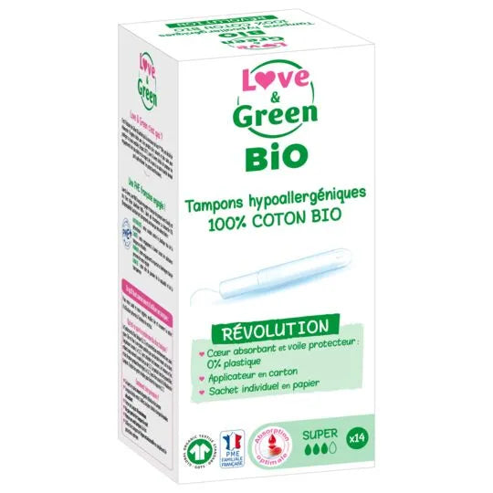 LOVE & GREEN Tampons Hypoallergéniques 100% Coton Bio avec Applicateur - Super, 14 Unités