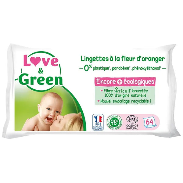 LOVE & GREEN Lingettes Ecologiques à la Fleur d'Oranger, 64 Unités