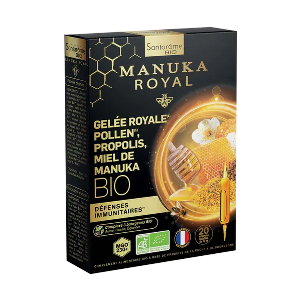 SANTAROME MANUKA ROYAL - Gelée Royale Pollen Propolis Miel de Manuka Bio, 20 ampoules buvable 10ml