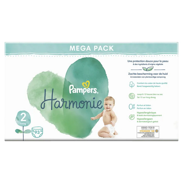PAMPERS HARMONIE - Couches Mega Pack - Taille 2 - 4 à 8kg, 93 Couches