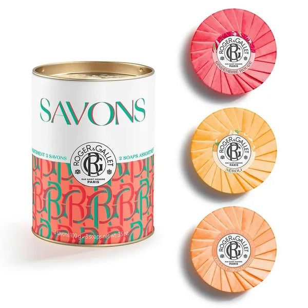 ROGER & GALLET COFFRET - SAVONS BIENFAISANTS - Boîte de 3 Savons Bienfaisants - Gingembre Rouge 100g + Oeillet Mignardise 100g + Néroli 100g
