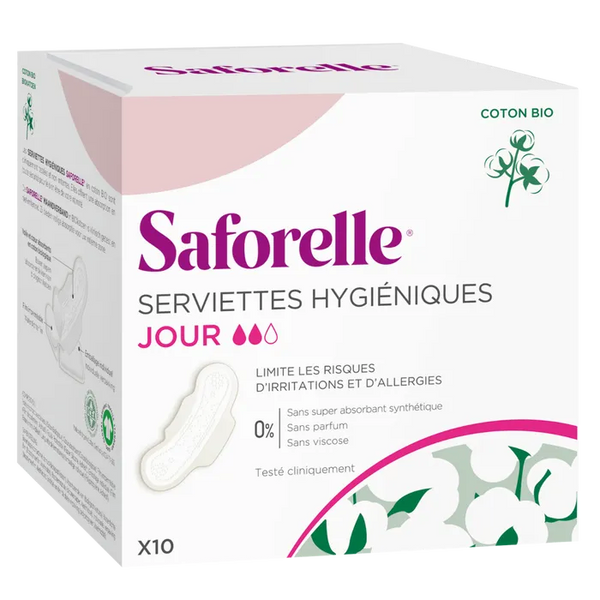 SAFORELLE COTON PROTECT - Serviettes Hygiéniques avec Ailettes Coton Bio, 10 Serviettes