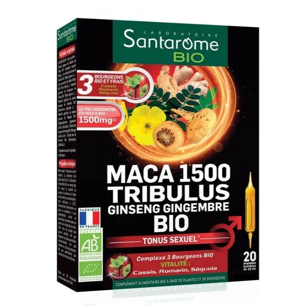 SANTAROME Maca 1500 Tribulus Ginseng Gingembre Bio, 20 ampoules