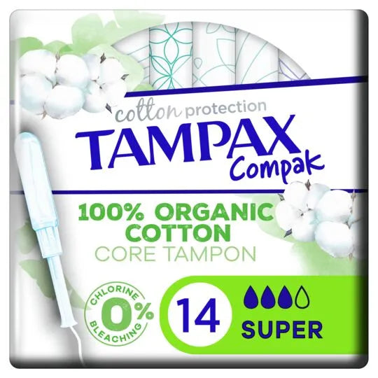 TAMPAX COMPAK COTTON PROTECTION - Tampons Super avec Applicateurs Coton Bio, 14 Tampons
